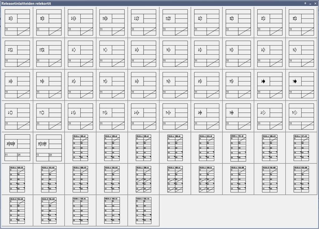 27 (41) 4.3.4.3 Relekortit Releen ja sen koskettimien tiedot esitetään kootusti kosketinpakkamaisissa relekorteissa, jotka kootaan kaikista kytkennän releistä erillisiin relekorttikuviin.