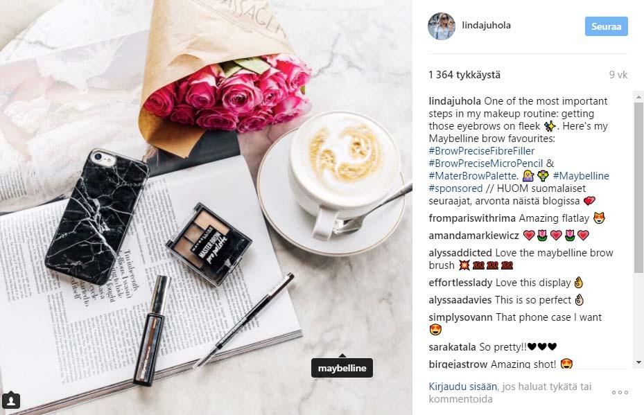 Esimerkkejä somemainonnasta Linda Juhola,