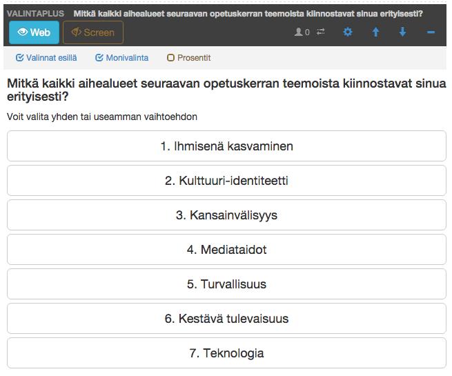 Sinisellä näkyvät lisätoiminnot koskevat vastausnäkymää (web). Valinnat esillä = salli vastausvaihtoehtojen näkyminen opiskelijalle => aktiviteetti on vastattavissa.