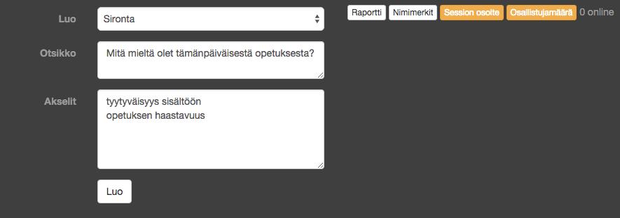 Vastauskooste kannattaa yleensä näyttää screen-näkymässä vasta vastaamisen jälkeen opiskelijoille. Uutta sironta-aktiviteettia luotaessa, tulee aktiviteetille antaa otsikko.