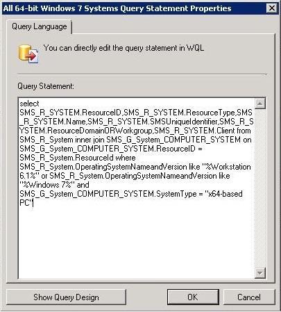 6. Kyseisessä ympäristössä kysely windows 7 64-bittisistä järjestelmistä tehtiin kuvassa näkyvällä tavalla. 7. Suljetaan Query Language, Query Statement ja Query Rule Properties ikkunat Ok painikkeella.