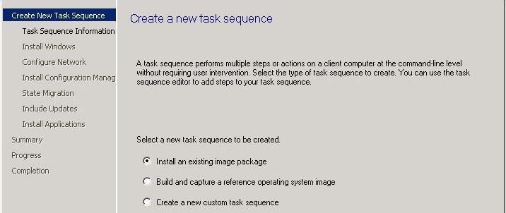 työtilassa polusta Overview Operating Systems Task Sequence. 1. Painetaan yläpalkin kuvaketta Create Task Sequence.. 2.