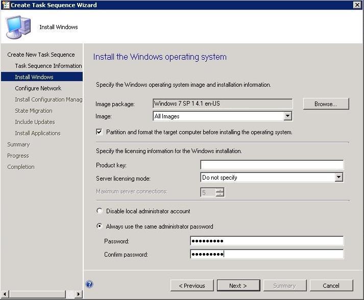 4. Install Windows lehdellä valitaan levykuvapaketti jota käytetään.