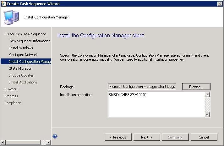 6. Install Configuration Manager Client valikon Package kohtaan etsitään luotu Client upgrade -paketti.