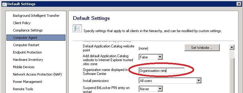 Oletusasetuksiin voidaan kuitenkin tehdä joitain vähemmän kriittisiä asetuksia, kuten organisaation nimen näkymisen asiakaskoneiden Software Center -ohjelmassa.
