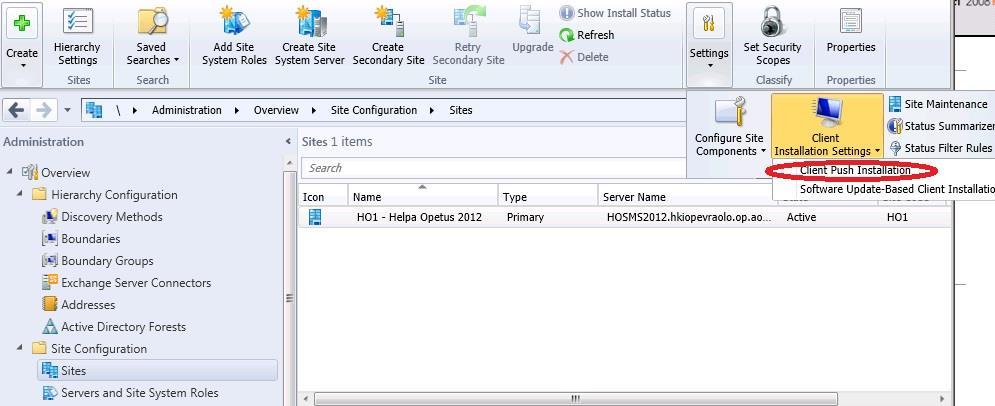 Push installation -metodi kytketään päälle polusta: Administration Overview Site Configuration Sites yläpalkista valitaan kohta Settings Client Installation Settings Client Push Installation.