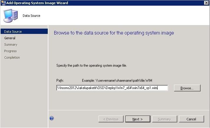 Avautuvan velhon Data Source lehdelle määritellään polku WIM tiedostoon. Tilanne näkyy kuvassa 47. Kuva 47.