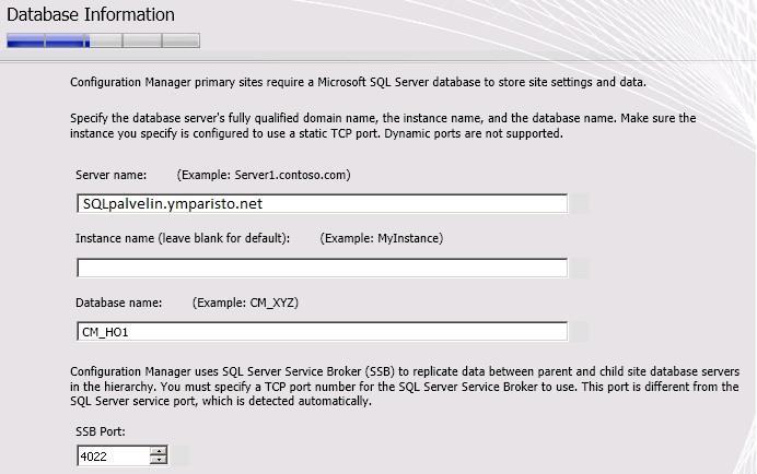 tään CM_sivuston tunnus. Configuration Manager luo näiden määrittelyjen jälkeen SQL palvelimelle tietokannan ja sen sisälle instanssin.