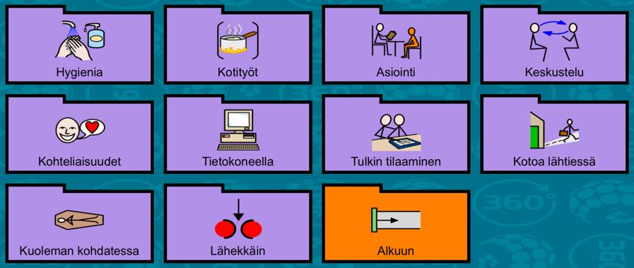 Tilannetaulut Seniori-tauluston Tilannetaulut-osiosta avautuu pääsy seuraaville sivuille: Hygienia Kotityöt Asiointi Keskustelu Kohteliaisuudet Tietokoneella Tulkin tilaaminen Kotoa lähtiessä