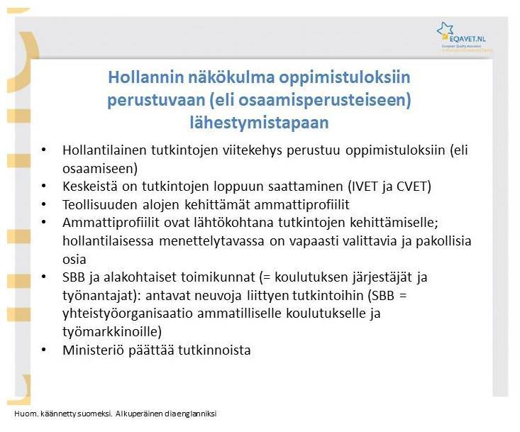 Esimerkki 4 Oppimistuloksiin perustuva lähestymistapa esimerkki Hollannista Hollannissa on mukautuva ja joustava systeemi oppimistulosten määrittelyssä.