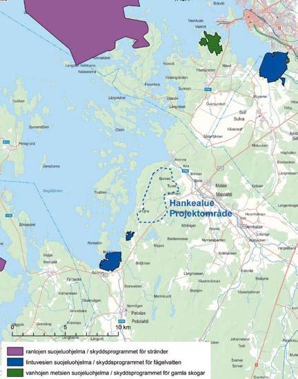 Kuva 11 57 Suojeluohjelmiin kuuluvat alueet hankealueen läheisyydessä.