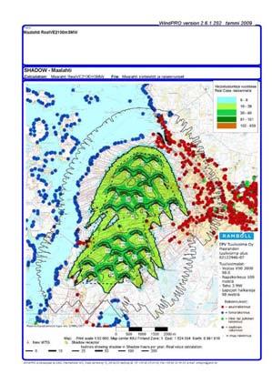 Kuva 13 7 Varjostuslaskelma Maalahti VE1 Todellinen tilanne(real Case) 100 m 3MW. Kuva 13 8 Varjostuslaskelma Maalahti VE1 Todellinen tilanne(real Case) 120 m 5MW.