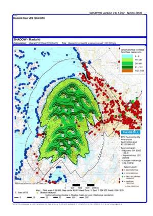 Kuva 13 11 Varjostuslaskelma Maalahti VE3 Todellinen tilanne(real Case) 100 m 3MW. Kuva 13 12 Varjostuslaskelma Maalahti VE3 Todellinen tilanne(real Case) 120 m 5MW.