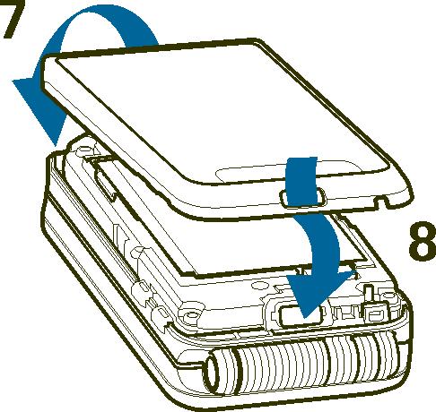 5. Aseta kannessa olevat lukitussalvat puhelimessa oleviin lukitussalpoihin (7) ja paina kannen toinen puoli