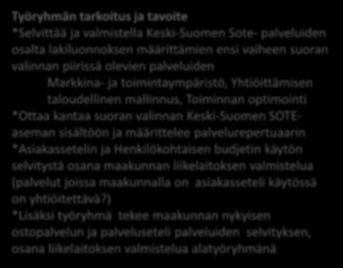 ) *Lisäksi työryhmä tekee maakunnan nykyisen ostopalvelun ja palveluseteli palveluiden selvityksen, osana liikelaitoksen valmistelua alatyöryhmänä Työryhmä on kokoontunut säännöllisesti ja kuullut