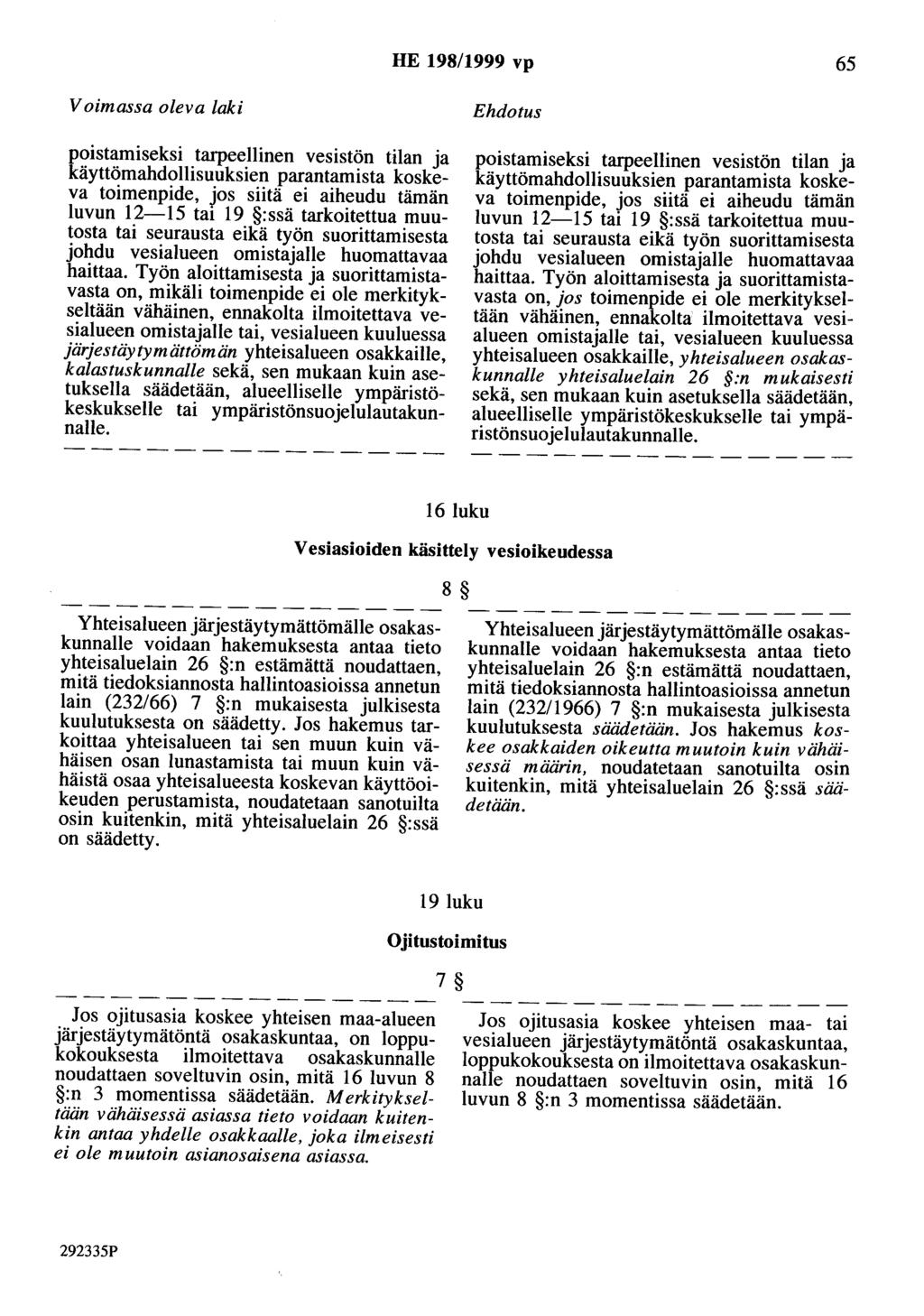 HE 198/1999 vp 65 Voimassa oleva laki poistamiseksi tarpeellinen vesistön tilan ja käyttömahdollisuuksien parantamista koskeva toimenpide, jos siitä ei aiheudu tämän luvun 12-15 tai 19 :ssä