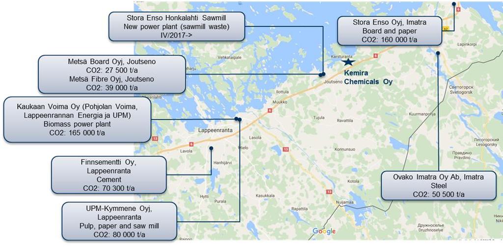 2. Hiilidioksidin lähteet ja uuden laitoksen sijoituspaikka Hiilidioksidin lähteet tunnistettiin alueella ja arvioitiin karkeasti perustuen: CO 2 määrä Kaasuseoksen suurpiirteinen koostumus Etäisyys