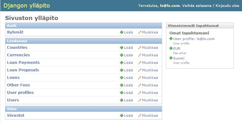 Paneelia voi muokata haluamakseen admin.py-tiedostossa. Jokainen osaalue on muokattavissa, ulkonäöstä toimintoihin, mutta katsoin sen olevan toissijaista tässä projektissa. Kuva 5.