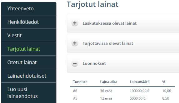 kukin laina on loanstatus-tiedon mukaisesti. Sivut ovat ulkoasultaan identtiset, ainoastaan tekstit ja data vaihtuvat.