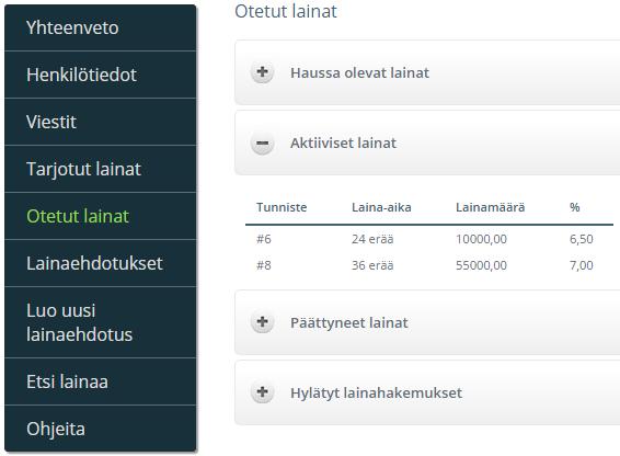 Kuva 16. Otetut lainat lista aktiivista lainoista Sivupohjat ovat yksinkertaisia for-silmukoita, varsinainen datankeruu tapahtuu näkymän logiikassa.