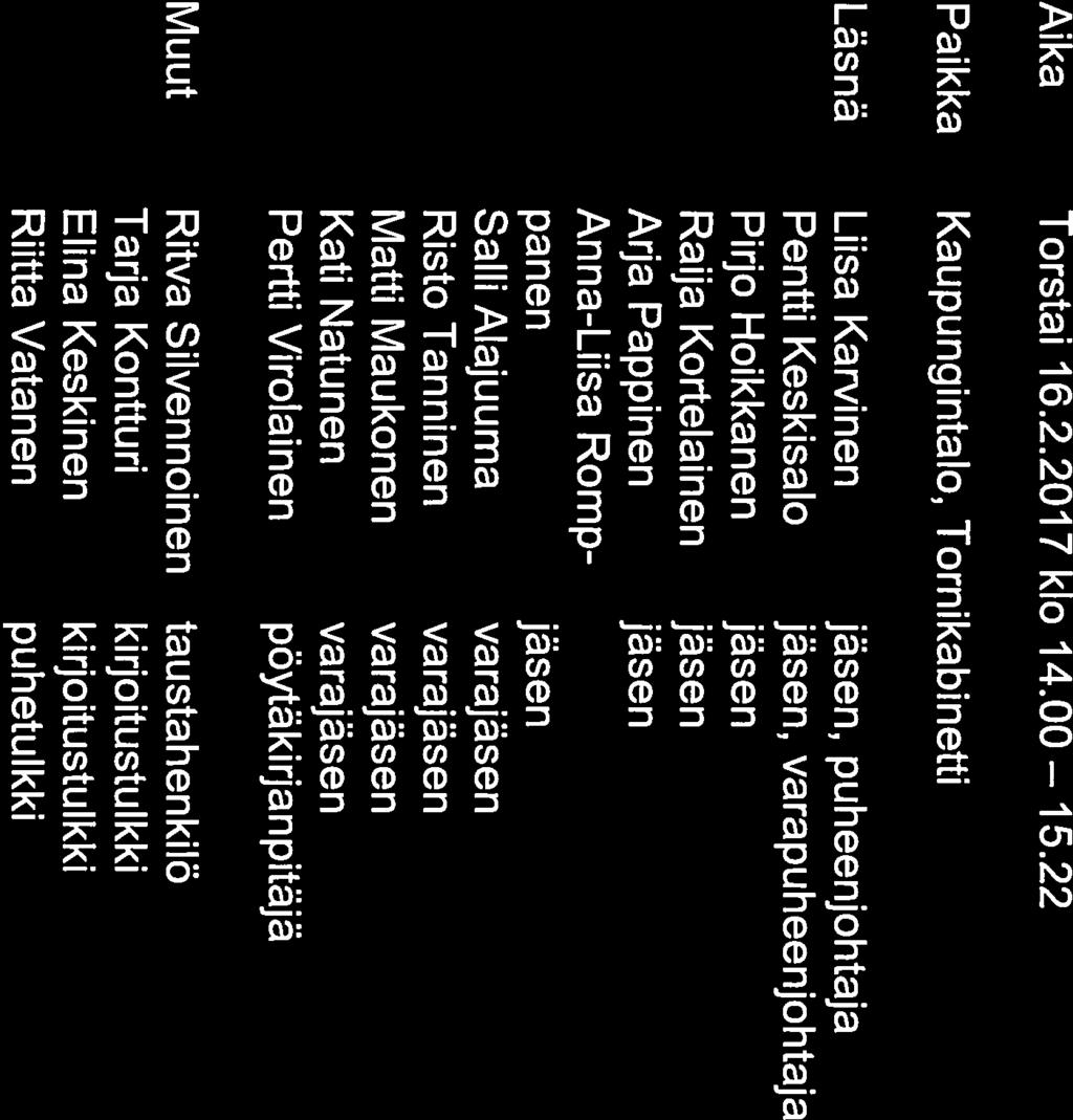 ] E N S U U PÖYTÄKIRJA 24.2.2017 Sivu 1/5 VAMMAISNEUVSTN KKUS 212017 Aika Torstai 16.2.201 7 klo 14.00 15.