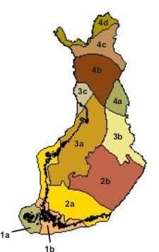 Alueellisen uhanalaisuusarvioinnin vyöhykkeet 1a Hemiboreaalinen, Ahvenanmaa 1b Hemiboreaalinen, Lounainen rannikkomaa 2a Eteläboreaalinen, Lounaismaa ja Pohjanmaan rannikko 2b Eteläboreaalinen,