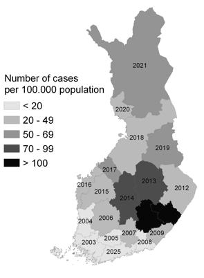 Myyräkuumeinsidenssi ja sairaalahoidettujen osuus 1995-2007 Insidenssi Puumalavirus Seroprevalenssi Koko maassa 5% INSIDENSSI SAIRAALAHOIDETUT % 50 % 60 40 Miehet 50 M (Ilomantsi) 30 Naiset 40 30 20