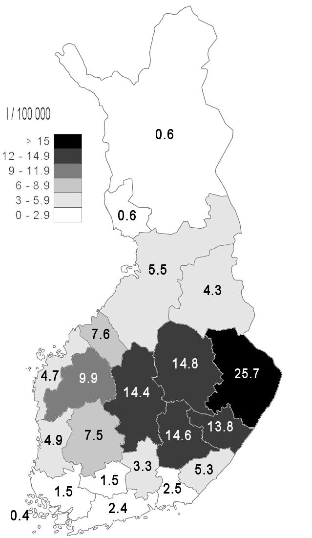 SINV seroprevalenssi (1999-2003) sairaanhoitopiireittäin Pogostantaudin insidenssi (1995-2003) sairaanhoitopiireittäin Phylogenetic tree NJ analysis for a 1.