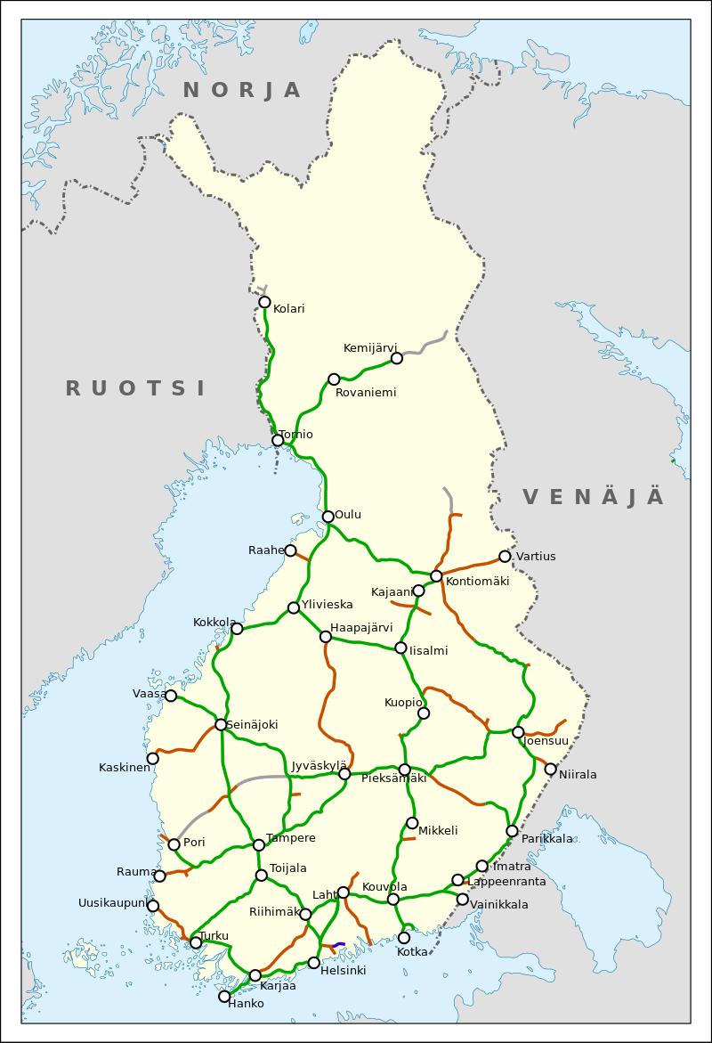 Suomen rautatieverkko Vihreä= matkustaja- ja tavaraliikenne; ruskea= vain tavaraliikenne 4.5.2. Rekkakuljetus Rekkakuljetus on selkeästi helpompi vaihtoehto ja useimmissa tapauksissa myös edullisin.