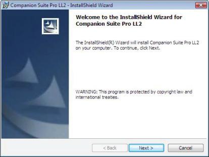 2 Asennus alkaa automaattisesti. Jos näin ei käy, kaksoisnapsauta CD-levyn päähakemistossa setup.exe-tiedostoa. 3 Näytölle ilmestyy COMPANION SUITE PRO LL2 - ikkuna.