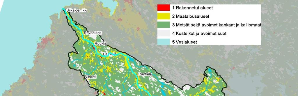 Tulvariskien alustava arviointi Siikajoen vesistöalueella 12 Kuva 2.7. CLC 2000-aineiston mukainen maankäyttö Siikajoen vesistöalueella.