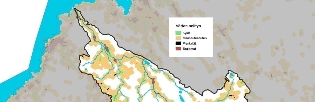 Tulvariskien alustava arviointi Siikajoen vesistöalueella 13 Kuva 2.8. Asutusalueet Siikajoen vesistöalueella. ( SYKE, Pohjois-Pohjanmaan ELY-keskus; asutusalueet VTJ/VRK 4/2007) Taulukko 7.