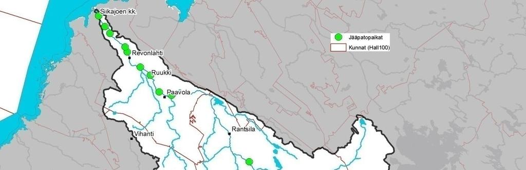 Tulvariskien alustava arviointi Siikajoen vesistöalueella 20 Kuva 3.4. Kohteet, joissa on havaittu toistuvasti jääpatotulvista aiheutuvia vahinkoja tai vaaratilanteita.