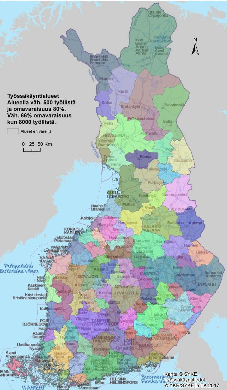 8 Työssäkäyntialueet Työssäkäynnin paikallistaso Omavaraisuus min.