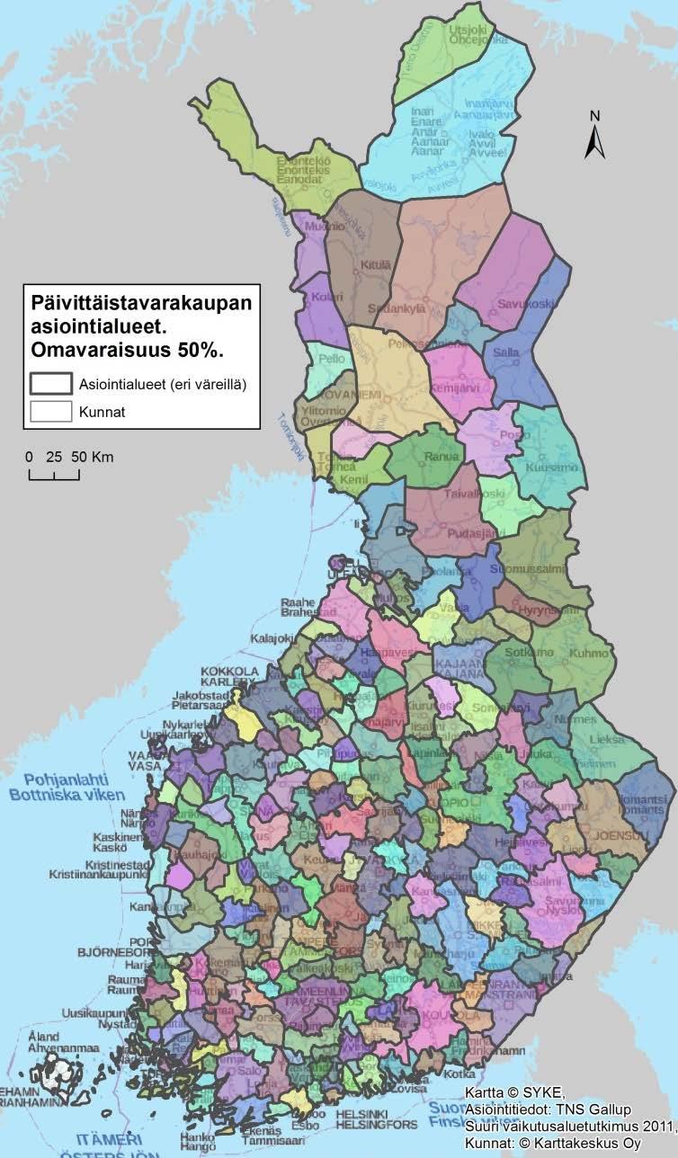 9 Asiointialueet (PT) Päivittäistavara-asiointi Alueen omavaraisuus min.