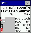 Signaalidiagrammi kuvamiseks klikkige satelliidi taevajaotusele. GPS-ASUKOHA KOORDINAADID Koordinaatsüsteemi muutmiseks klikkige ja hoidke all koordinaatide displeid: projektsioon DMS (dddºmm'ss.