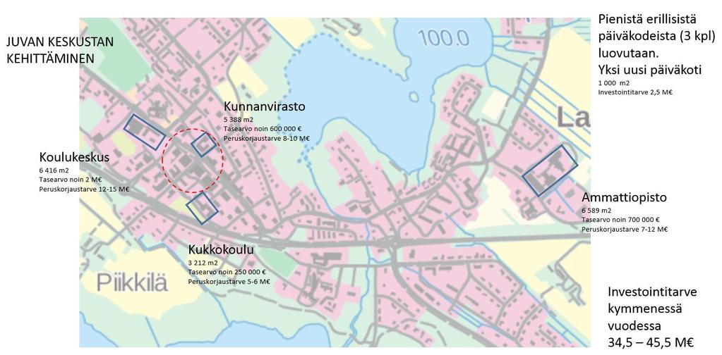 RAPORTTI 8 / 14 7 Tarjolla olevien tilojen kehittämis- ja investointitarpeet Selvitystyössä tutkittiin tarjolla olevien koulukeskuksen, Kukkokoulun, kunnanviraston ja Ammattiopiston nykyisten tilojen