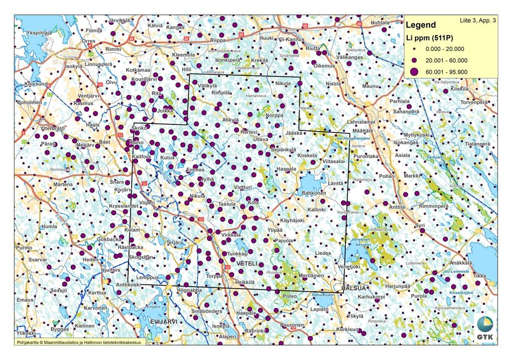 GEOLOGIAN TUTKIMUSKESKUS 8 Taulukko 3. Korrelaatiokertoimien vaihtelu eri osa-alueilla. Li_high = Li-pitoisuus 60 ppm tai enemmän. Table 3. Variation of correlation coefficient in different subareas.
