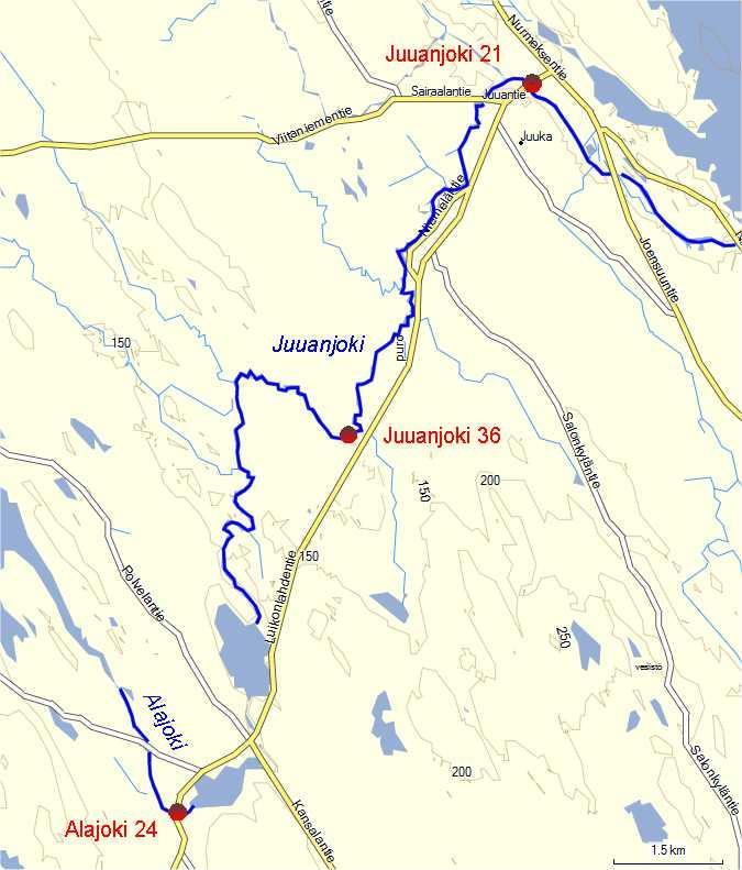 11 Kartta 3. Karttakuva ympäristöhallinnon vesinäytteenottopisteiden Juuanjoki 21 ja 36 sekä Alajoki 24 sijainnista.