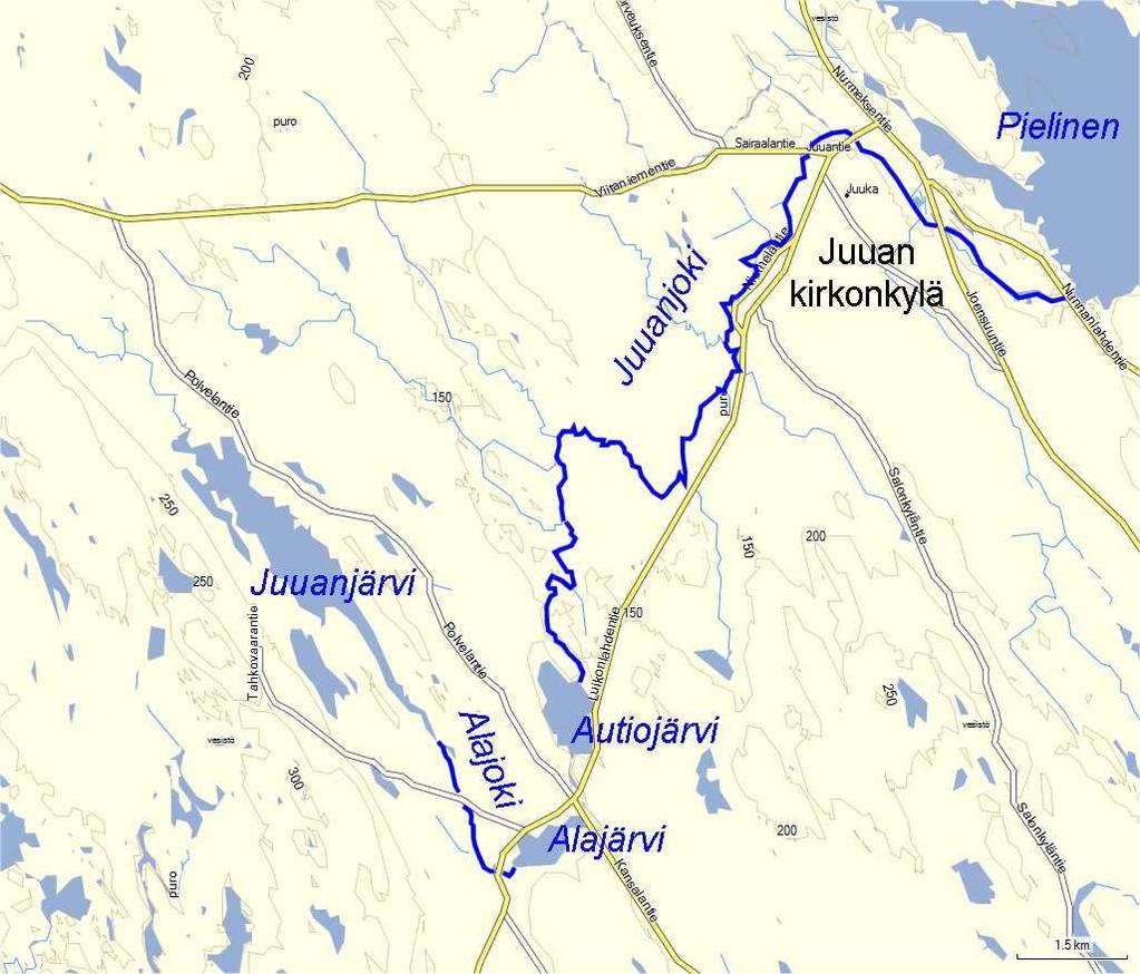 6 2. VALUMA-ALUE, VEDEN LAATU JA KALASTO Valuma-alue ja virtaamat Juuanjoki saa alkunsa Autiojärvestä (62,9 ha), josta se laskee hiukan yli 18 kilometrin matkan koilliseen aina Pieliseen asti.
