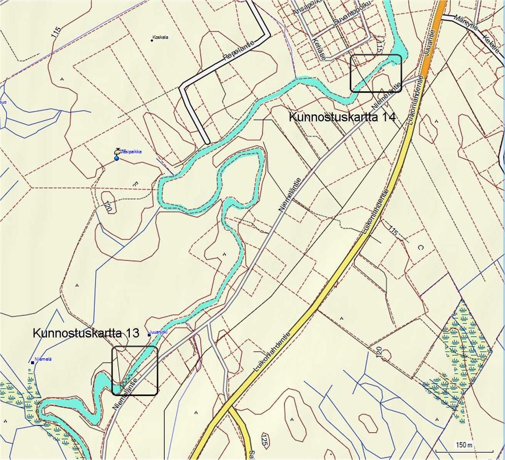 64 Kartta 10. Yleiskartta Säijäsenkosken ja Pyörteelänkosken kunnostettavista alueista. Karttaan on merkitty kunkin kunnostuskartan kattama osa jokea.