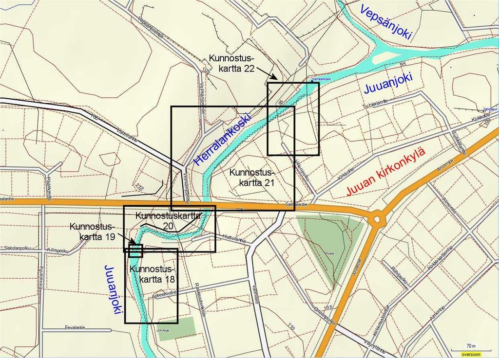 78 Kartta 12. Yleiskartta Juuanjoen Herralankosken alueesta (sininen tummennus). Karttaan on lisäksi merkitty kunkin kunnostuskartan kattama osa koskea.
