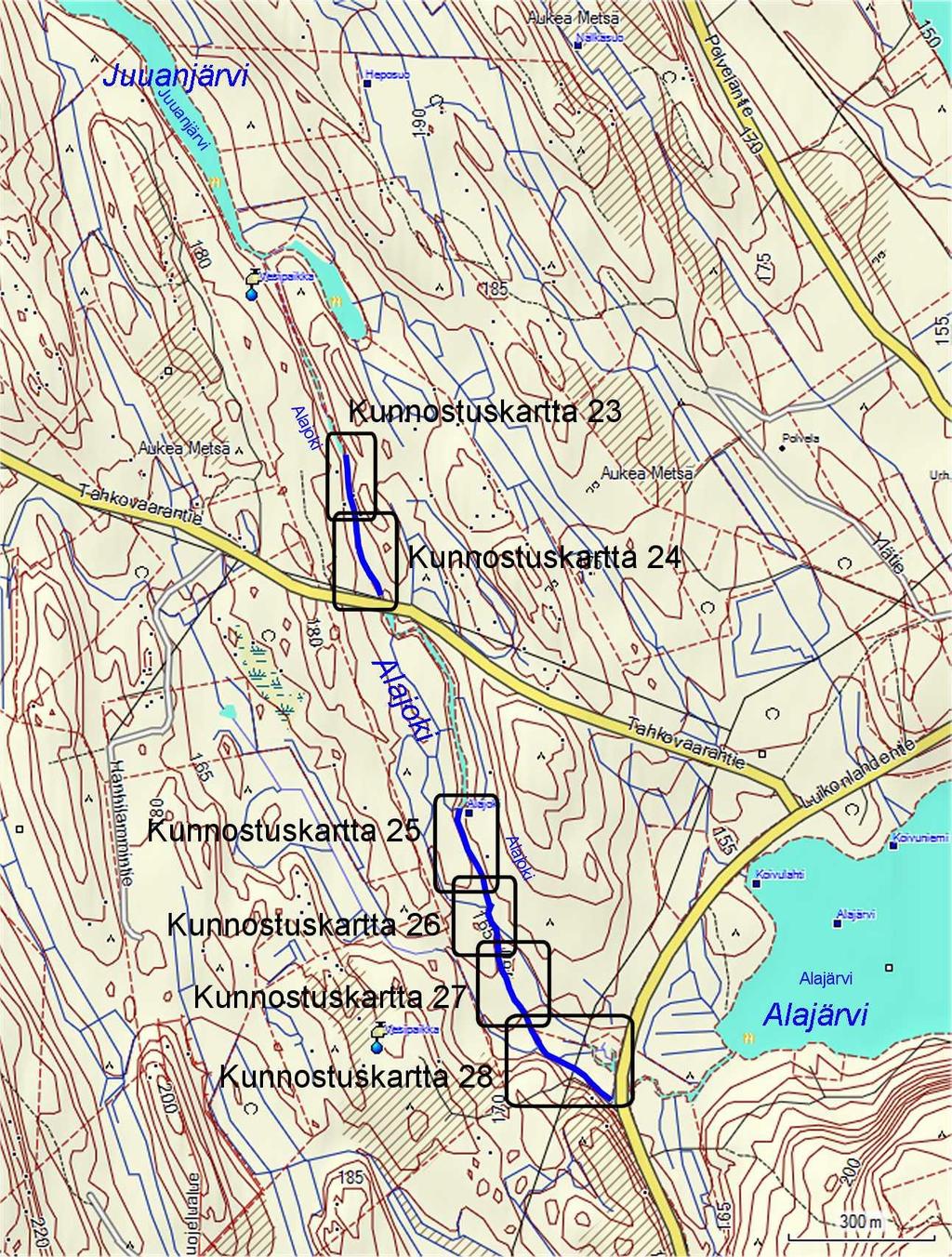 92 Kartta 13. Yleiskartta Alajoen kunnostettavasta alueesta (sininen tummennus).