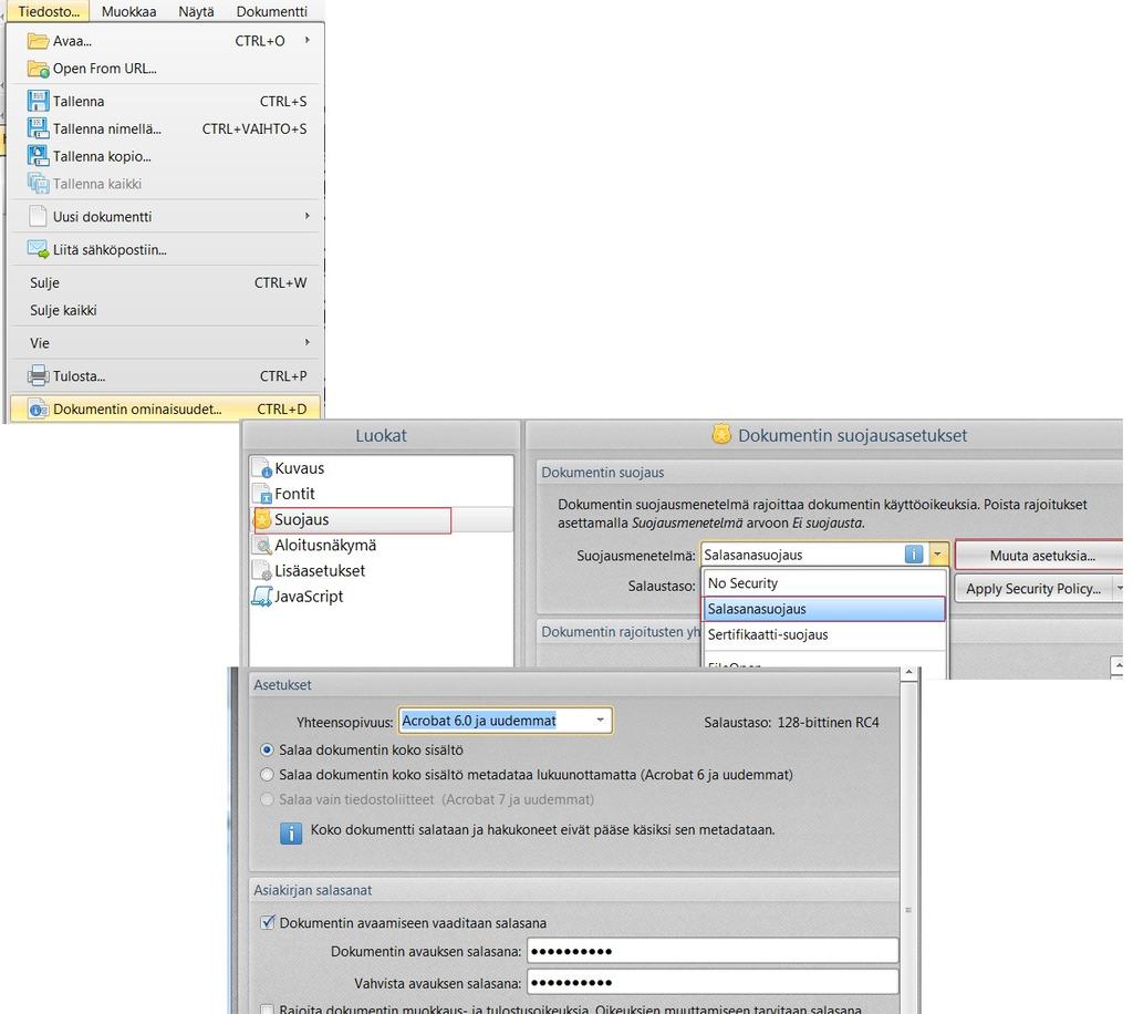 Salasanan lisääminen tidostoon Tiedosto - Dokumentin ominaisuudet (Ctrl + D) - Valitse Suojaus-välilehti - suojausmenetelmä -valikosta Salasanasuojaus.
