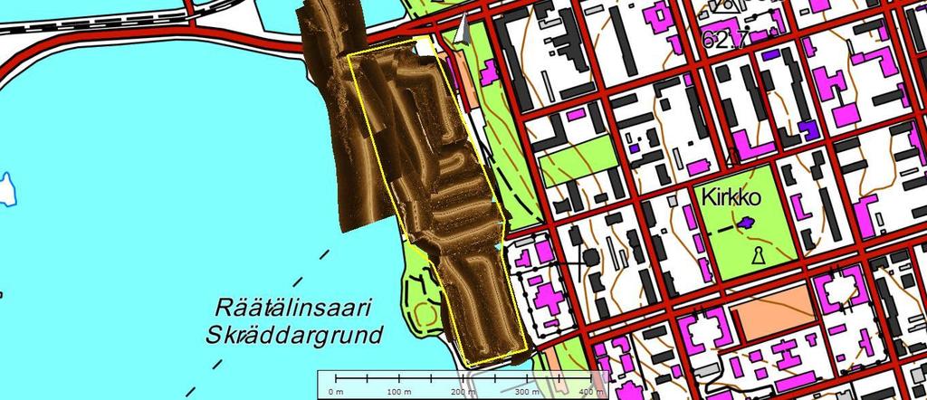 Luotaukset tehtiin 680 khz taajuudella seuraavasti: 25 kappaletta ajoja 25 + 25 metrin kaistalla ja yksi kappale 50 + 50 metrin kaistalla. Tutkimus aloitettiin viistokaikuluotaamalla alue kattavasti.