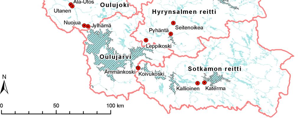 Kuva 2-4. Oulujoen vesistöalueen merkittävimmät voimalaitokset ja säännöstellyt järvet. Sotkamon reitin luusuassa Ämmänkosken ja Koivukosken kohdalla on yhteensä 3 voimalaitosta.