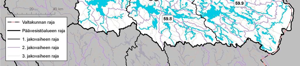 Ensimmäisen jakovaiheen valuma-alueet ( SYKE; hallinnolliset rajat Affecto Finland Oy, Karttakeskus, Lupa L4659)