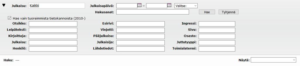 Tehohaku Tehohaun saat avatuksi klikkaamalla hakusivulla Julkaisu-kentän edessä olevaa nuolenpäätä. Tehohaku antaa mahdollisuuden tarkentaa hakua koskemaan artikkelin eri osia ja metatietoa.