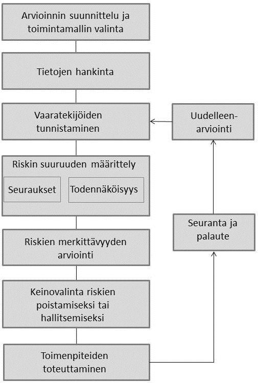 24 Riskien arviointiprosessi on laaja ja systemaattinen tapahtumaketju, jossa tunnistetaan vaaroja ja määritetään niiden aiheuttamien riskien suuruutta (Rauramo 2008, 97).