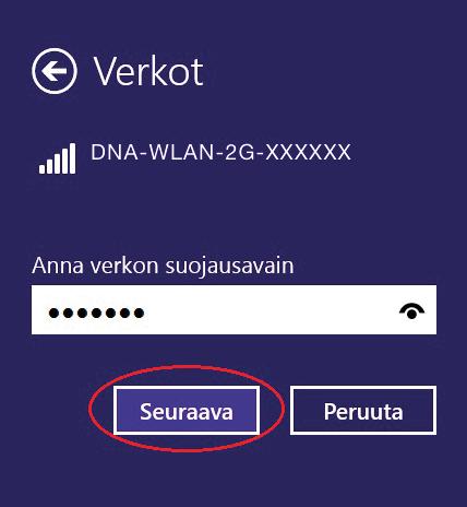 Laita ruksi kohtaan Yhdistä automaattisesti / Connect automatically ja paina Yhdistä / Connect. 4. Syötä verkon avain (W i fi Key) avoimeen kenttään ja paina OK.